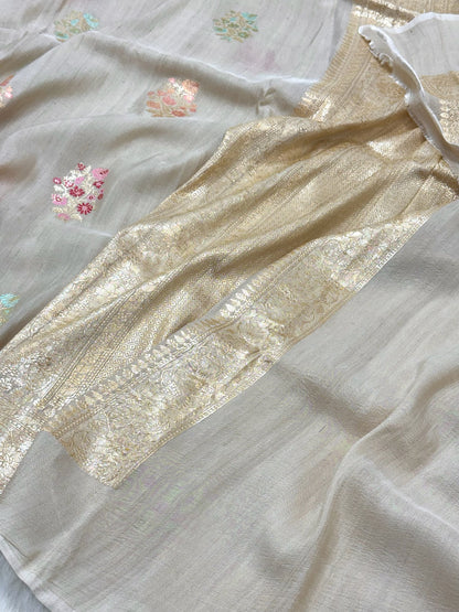 Ivory Pure Tussar Georgette Silk Handwoven Banarasi Saree |Kadhuwa Weave|