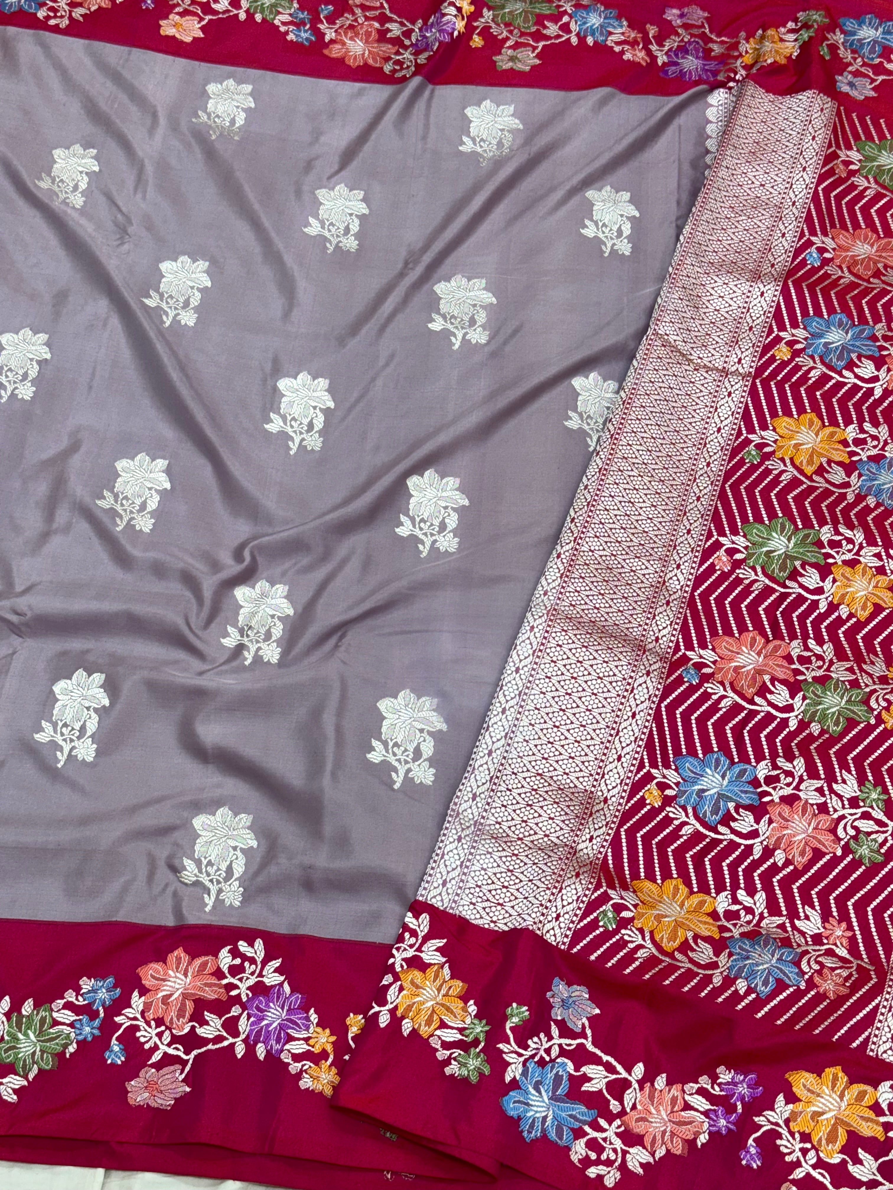 Gray Pure Mulberry Katan Silk Handwoven Banarasi Saree