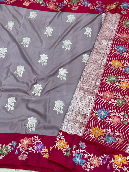 Gray Pure Mulberry Katan Silk Handwoven Banarasi Saree