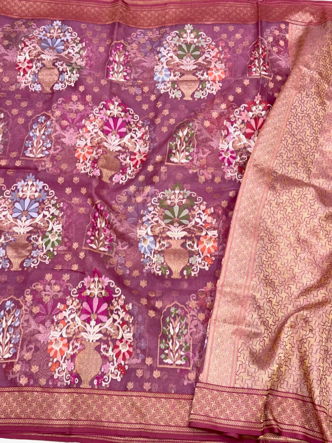 Lilac Pink Pure Kora Silk Handloom Banarasi Saree With Ektara Weave