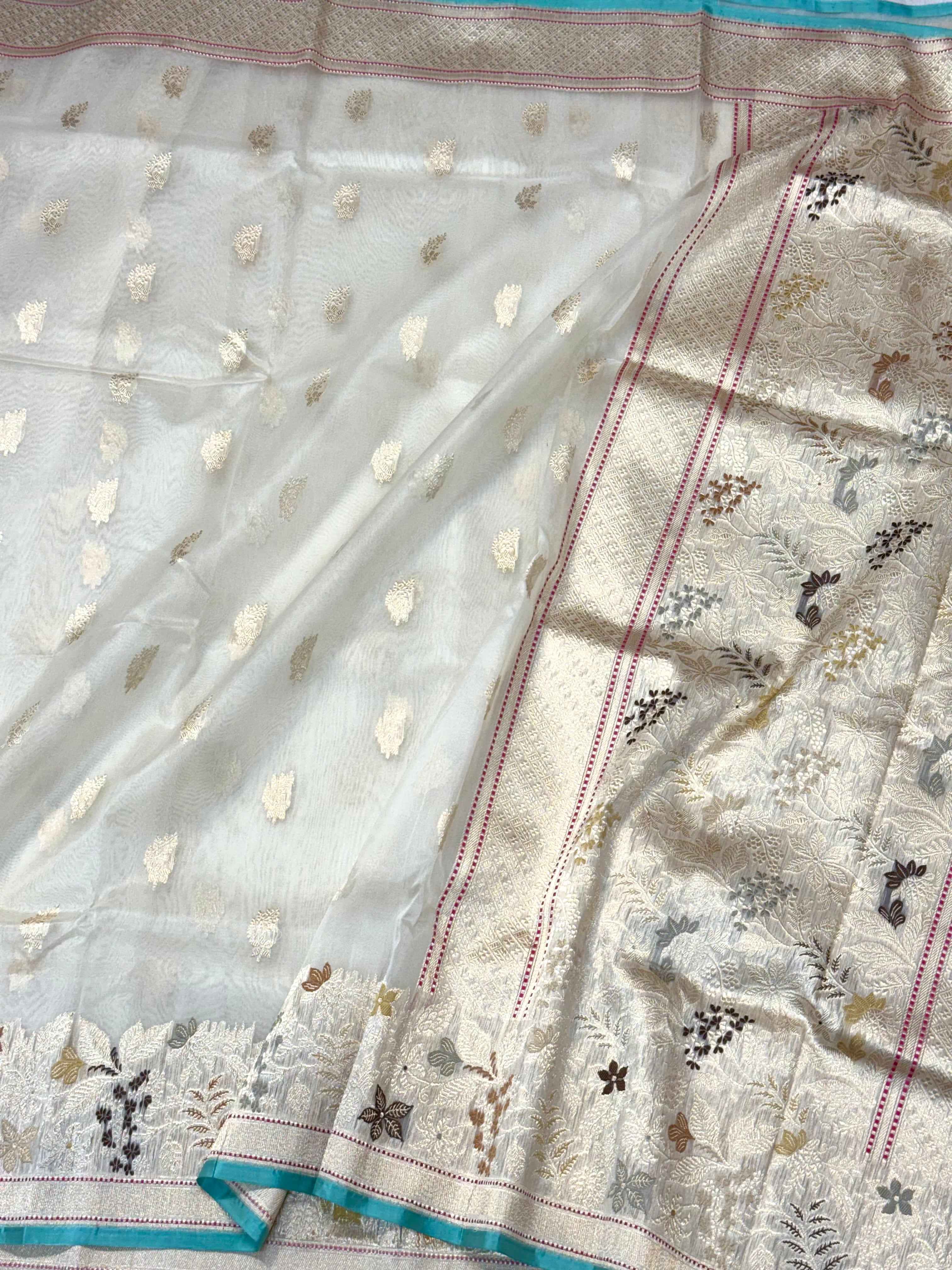 Pearl White Pure Kora Silk Handwoven Banarasi Saree