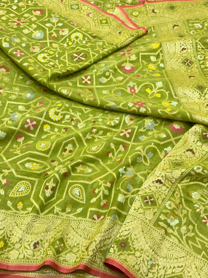 Green Pure Muslin Cotton Saree |Ektara Jamdani Handloom Banarasi Saree