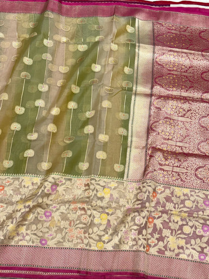 Mehendi Green Pure Kora Silk & Pure Tissue Silk Handwoven | Kadhwa Weave | Banarasi Saree - Contemporary Masterpiece Piece