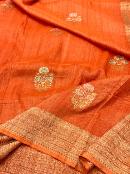 Orange Pure Tussar Georgette Silk Handwoven Banarasi Saree |Kadhuwa Weave|