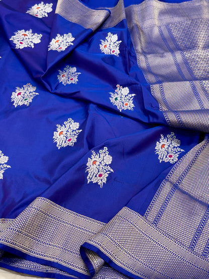 Cobalt Blue Pure Mulberry Katan Silk Handwoven Banarasi Saree