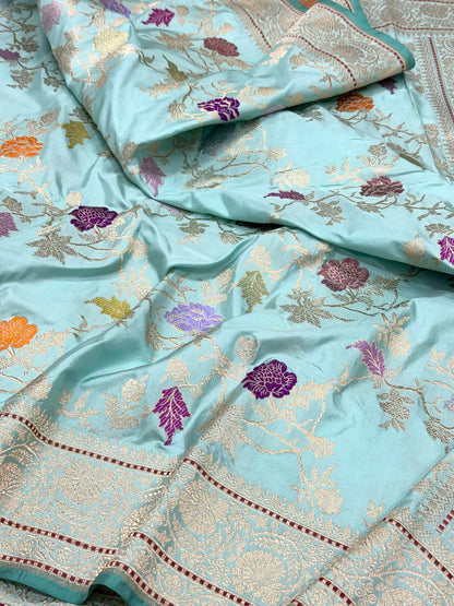 Sky Blue Premium Banarasi Handwoven | Kadhwa Technique | Pure Double Katan Mulberry Silk Saree