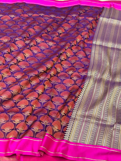 Purple Pure Satin Silk Handwoven | Kadhwa Technique | Tanchoi Banarasi Saree