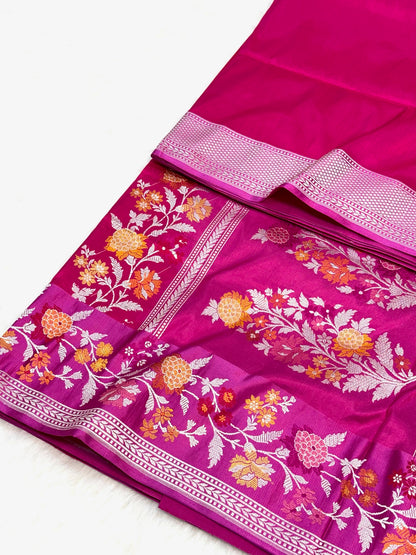 Rani Pink Pure Katan Silk Handwoven Banarasi Saree |Kadhuwa Weave|