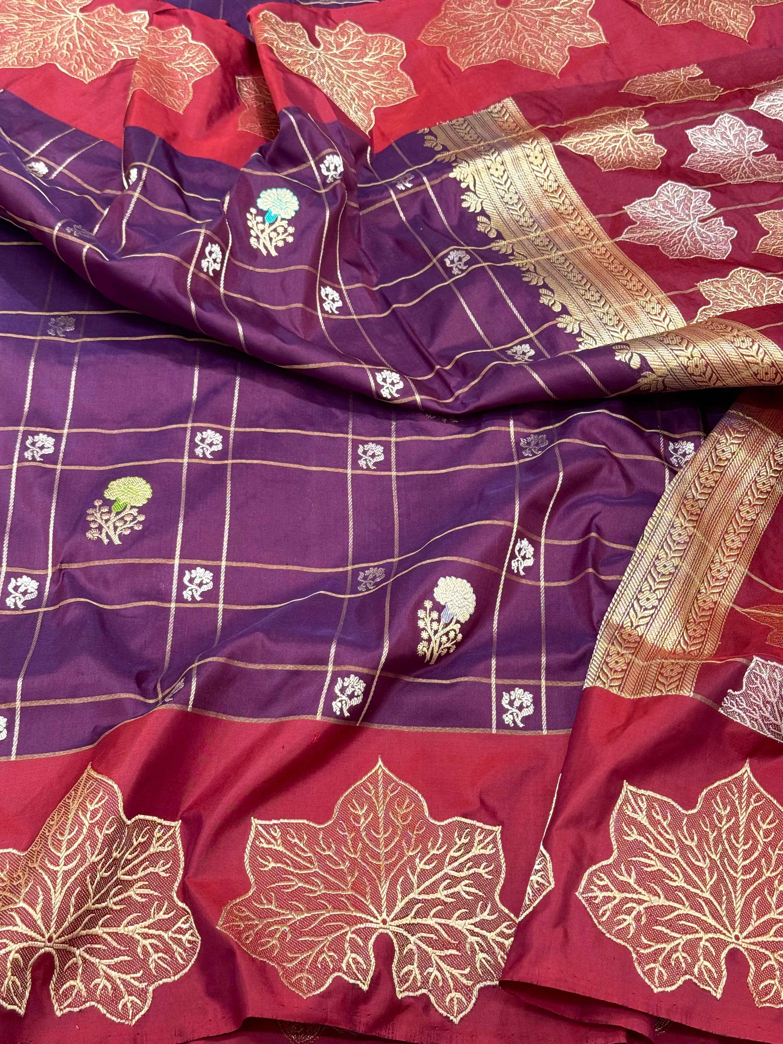 Magenta/Maroon Pure Katan Mulberry Silk | Kadhwa Technique | Handwoven Banarasi Modern Saree