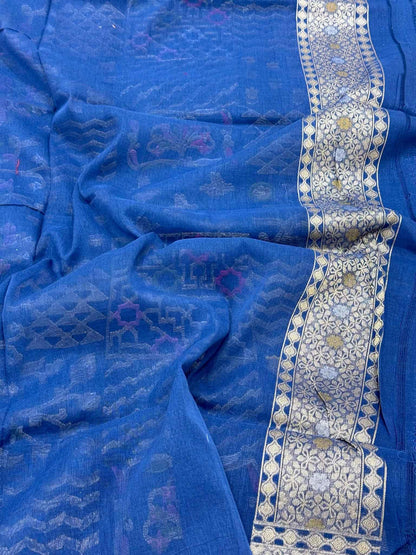Blue Handloom Banarasi Saree With Ektara Weave - Pure Muslin Cotton Jamdani Saree