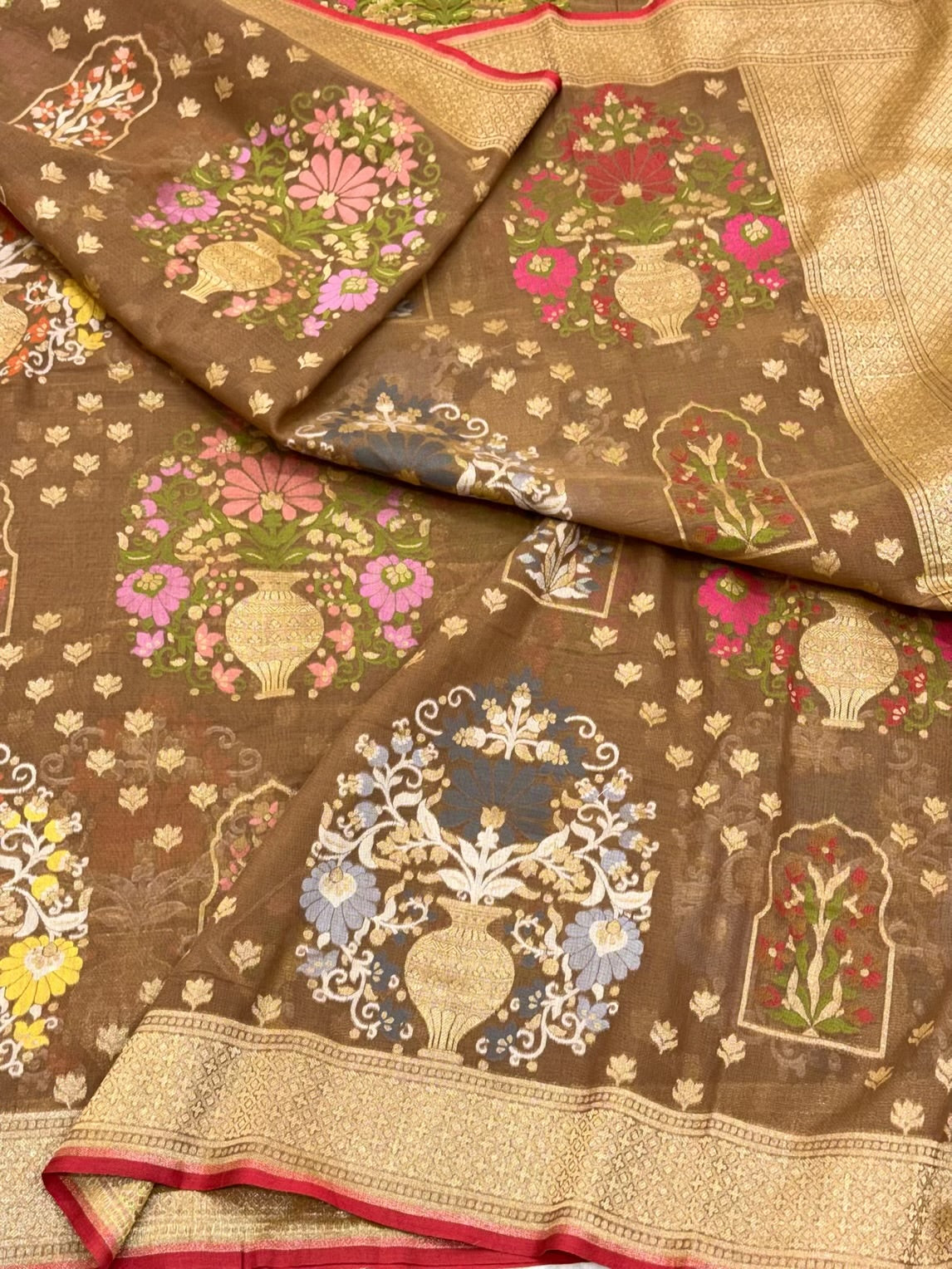 Brown Pure Muslin Cotton Jamdani handloom Banarasi Saree |Ektara Weave|