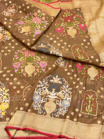 Brown Pure Muslin Cotton Jamdani handloom Banarasi Saree |Ektara Weave|