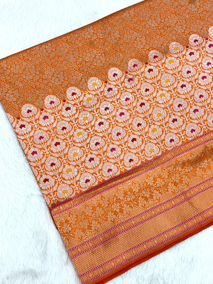 Orange Pure Mulberry Katan Silk Handwoven Banarasi Saree | Brocade|