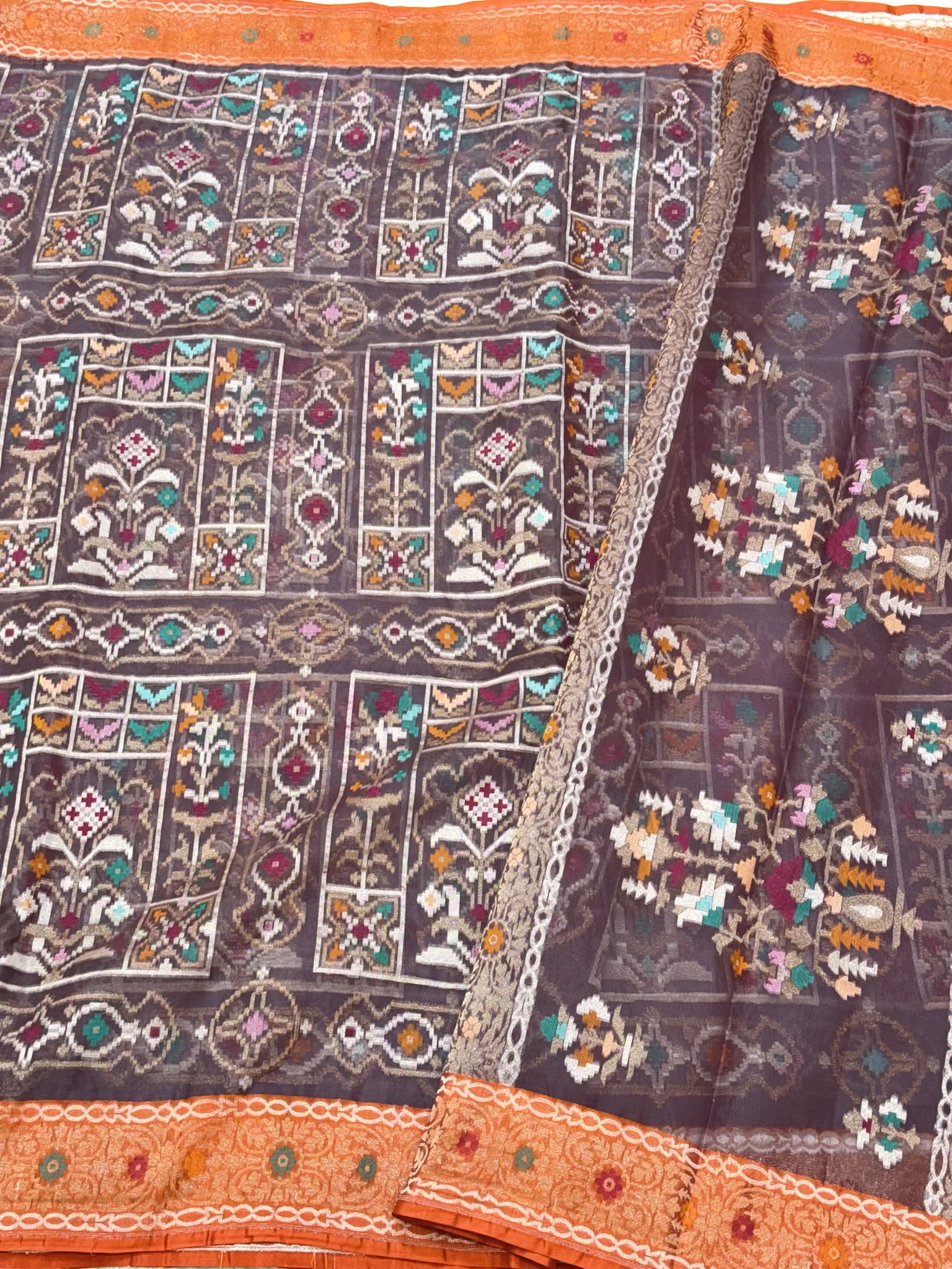 Elephant Gray Pure Mulberry Kora Organza Silk Ektara Jamdani Handloom Banarasi Saree - Contemporary Gharchola Heritage