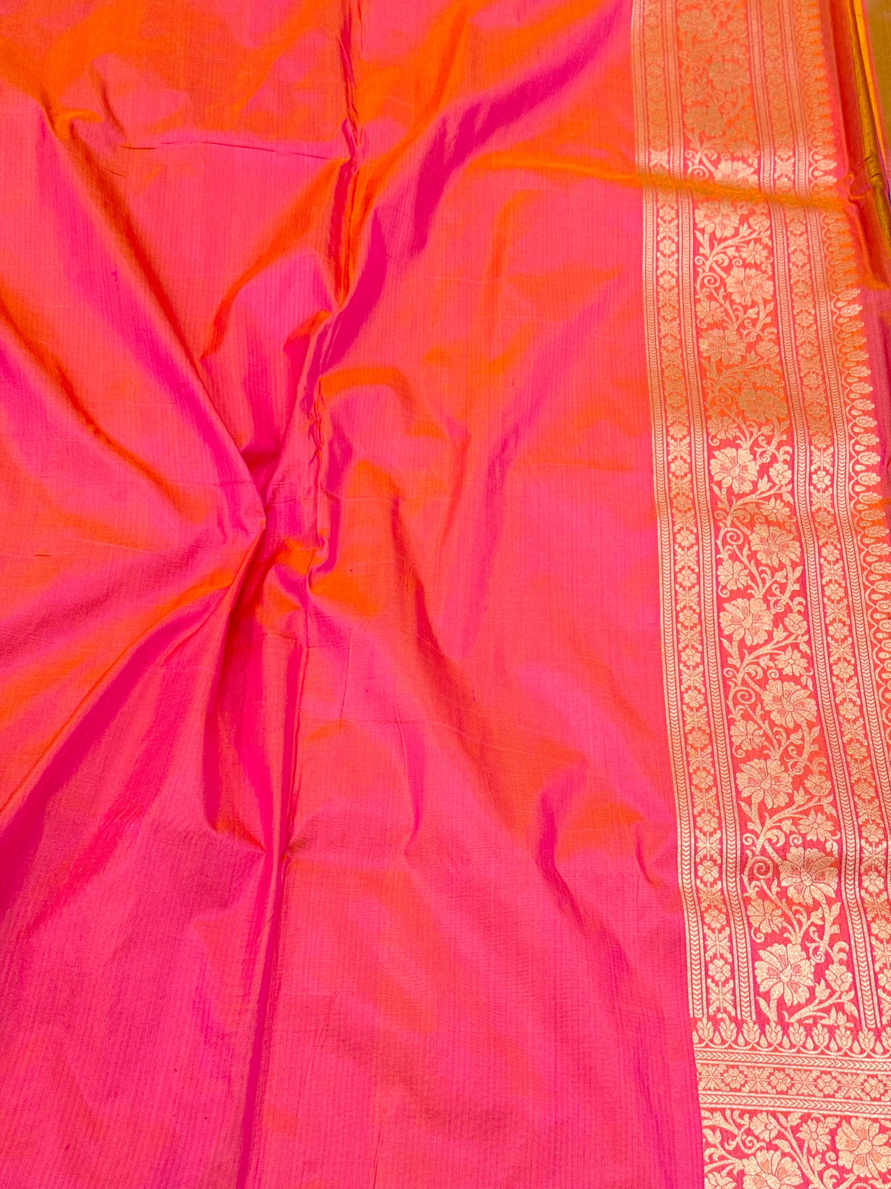 Peach Orange Pure Mulberry Katan Silk Handloom Banarasi Saree