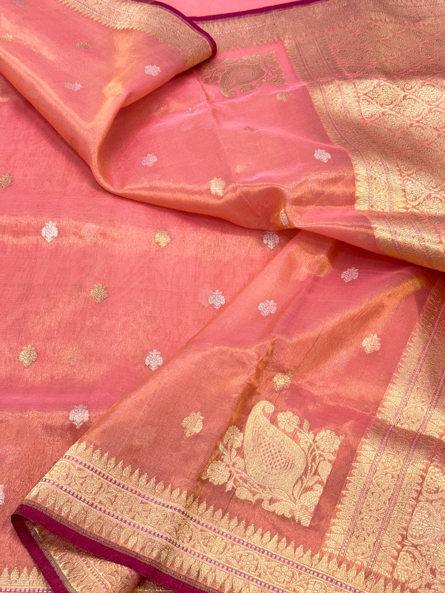 Peach Pink Kora Tissue Pure Handwoven Saree