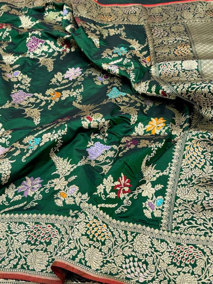 Bottle Green Pure Katan Silk Banarasi Handwoven Saree