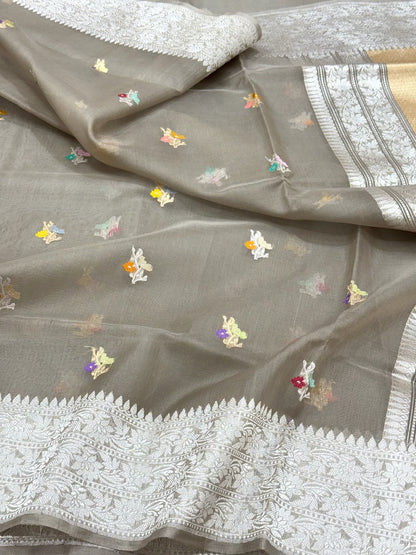 Warm Gray Pure Kora Mulberry Silk | Kadhwa Weave | Handwoven Banarasi Saree