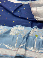 Navy Blue/Blue Gray Pure Kora Silk Contemporary Handwoven Banarasi Saree