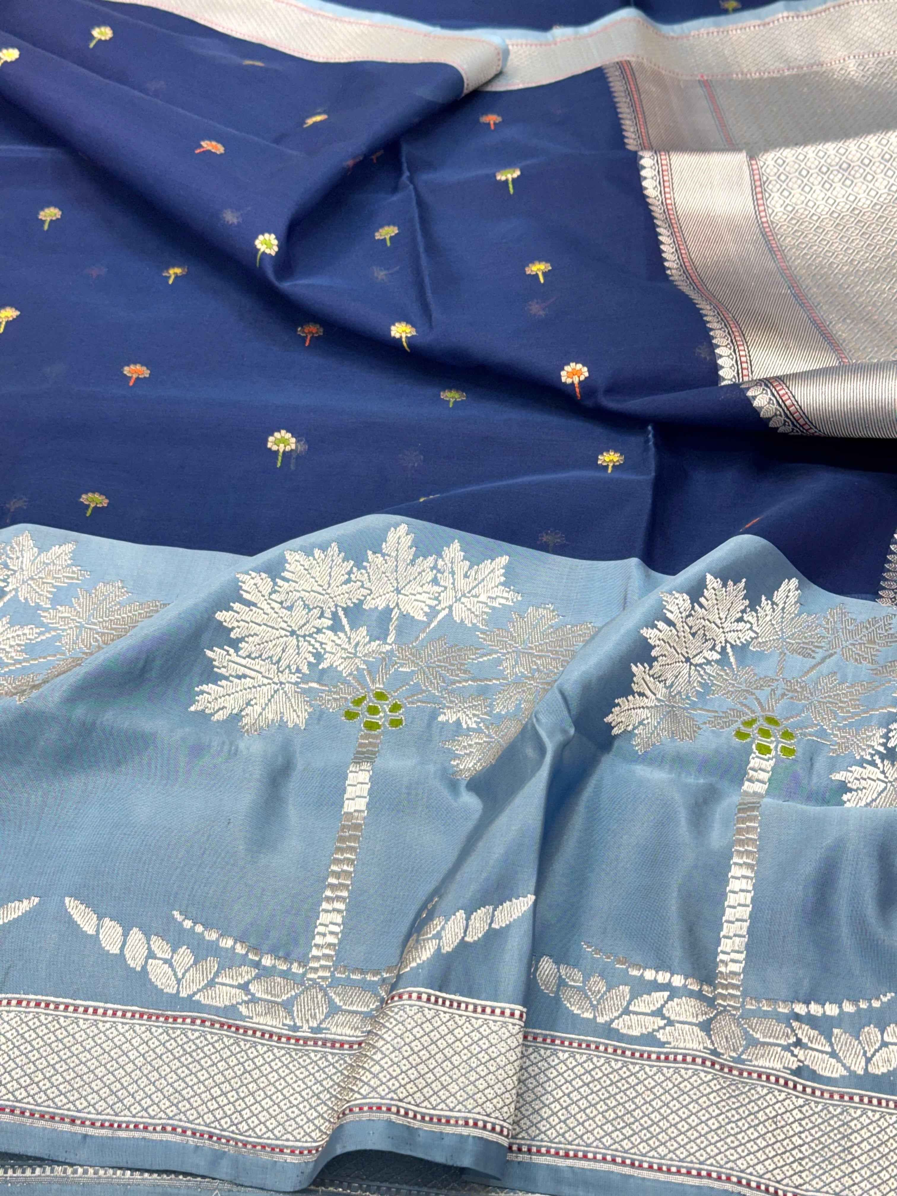 Navy Blue/Blue Gray Pure Kora Silk Contemporary Handwoven Banarasi Saree