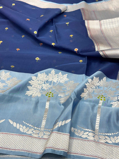 Navy Blue/Blue Gray Pure Kora Silk Contemporary Handwoven Banarasi Saree