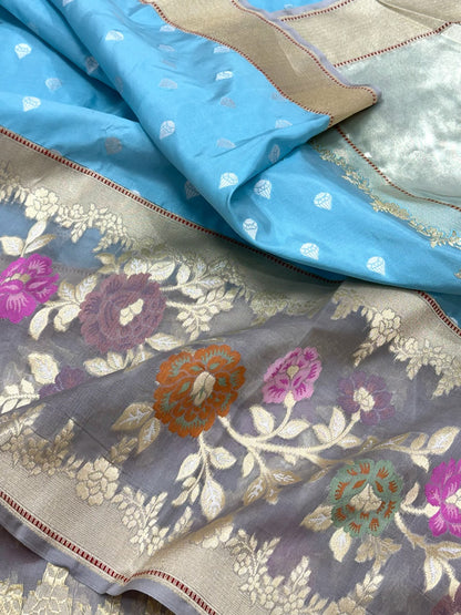 Light Blue Pure Katan Silk & Mulberry Silk Handwoven | Kadhwa Technique |Authentic Banarasi Modern Saree
