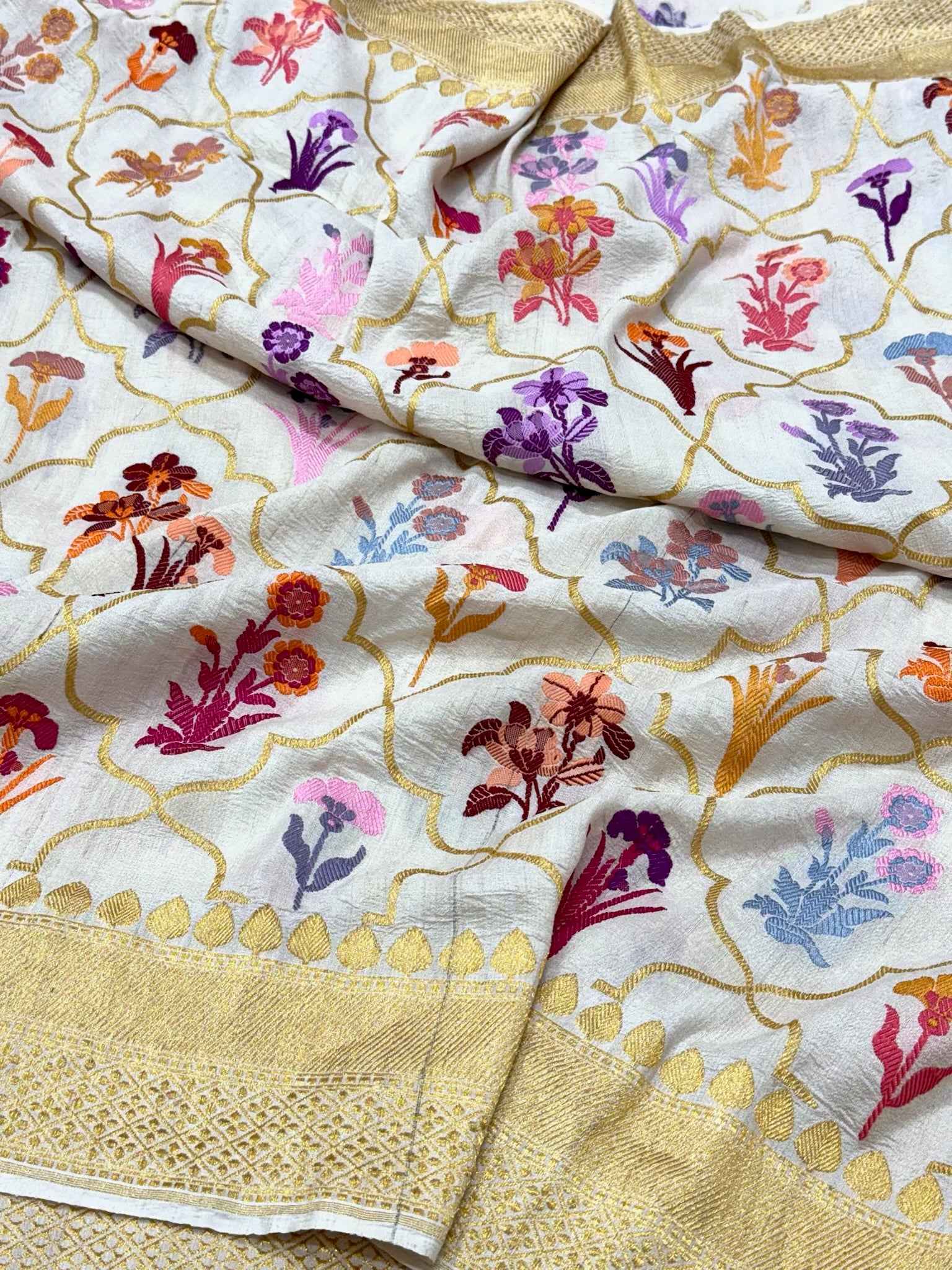 Ivory Pure Tussar Georgette Silk Kadhwa Technique Handwoven Banarasi Saree | Modern Banarasi Muse
