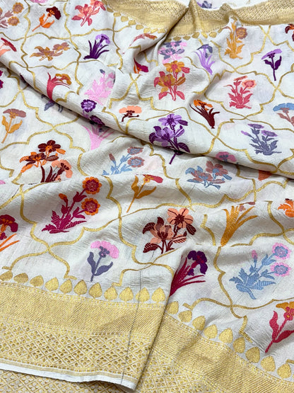 Ivory Pure Tussar Georgette Silk Kadhwa Technique Handwoven Banarasi Saree | Modern Banarasi Muse