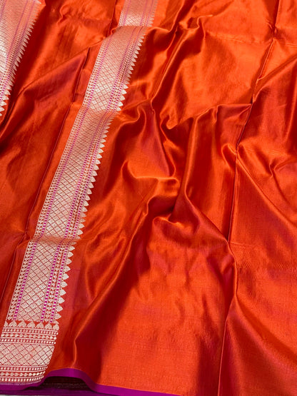 Rustic Orange Pure Satin Silk Handwoven | Kadhwa Weave | Banarasi Saree - Tanchoi