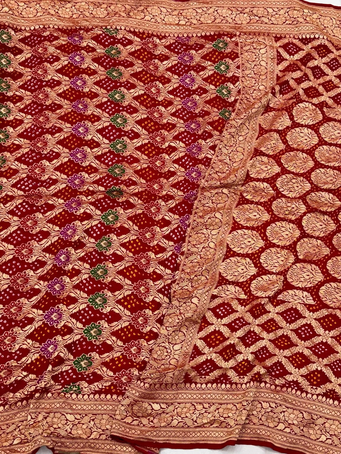 Red Pure Chiffon Georgette Soft Drape Lightweight Bandhej Saree | Handloom Contemporary Banarasi Saree