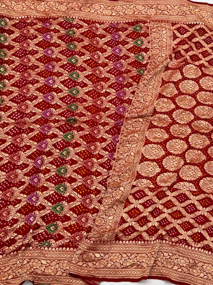 Red Pure Chiffon Georgette Soft Drape Lightweight Bandhej Saree | Handloom Contemporary Banarasi Saree