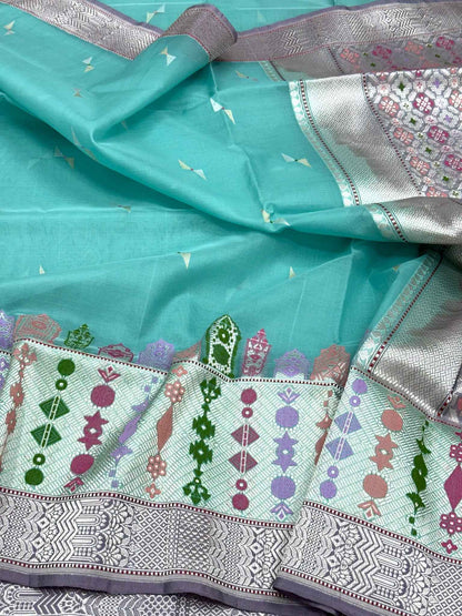 Sea Green Pure Mulberry Silk & Kora ( Organza ) Silk - Kadhwa Weave Hanwoven Banarasi Saree