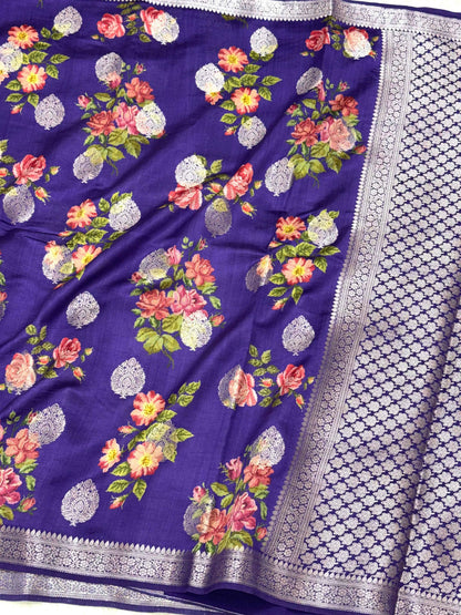 Sky Blue/Blue Pure Mulberry Muga And Satin Silk Banarasi Saree - Lightweight