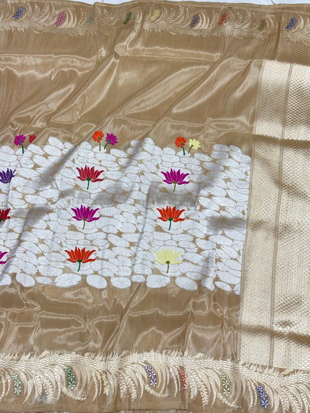 Molten Gold Pure Katan Silk & Pure Tissue Silk Handwoven | Kadhwa Technique | Contemporary Banarasi Modern Saree