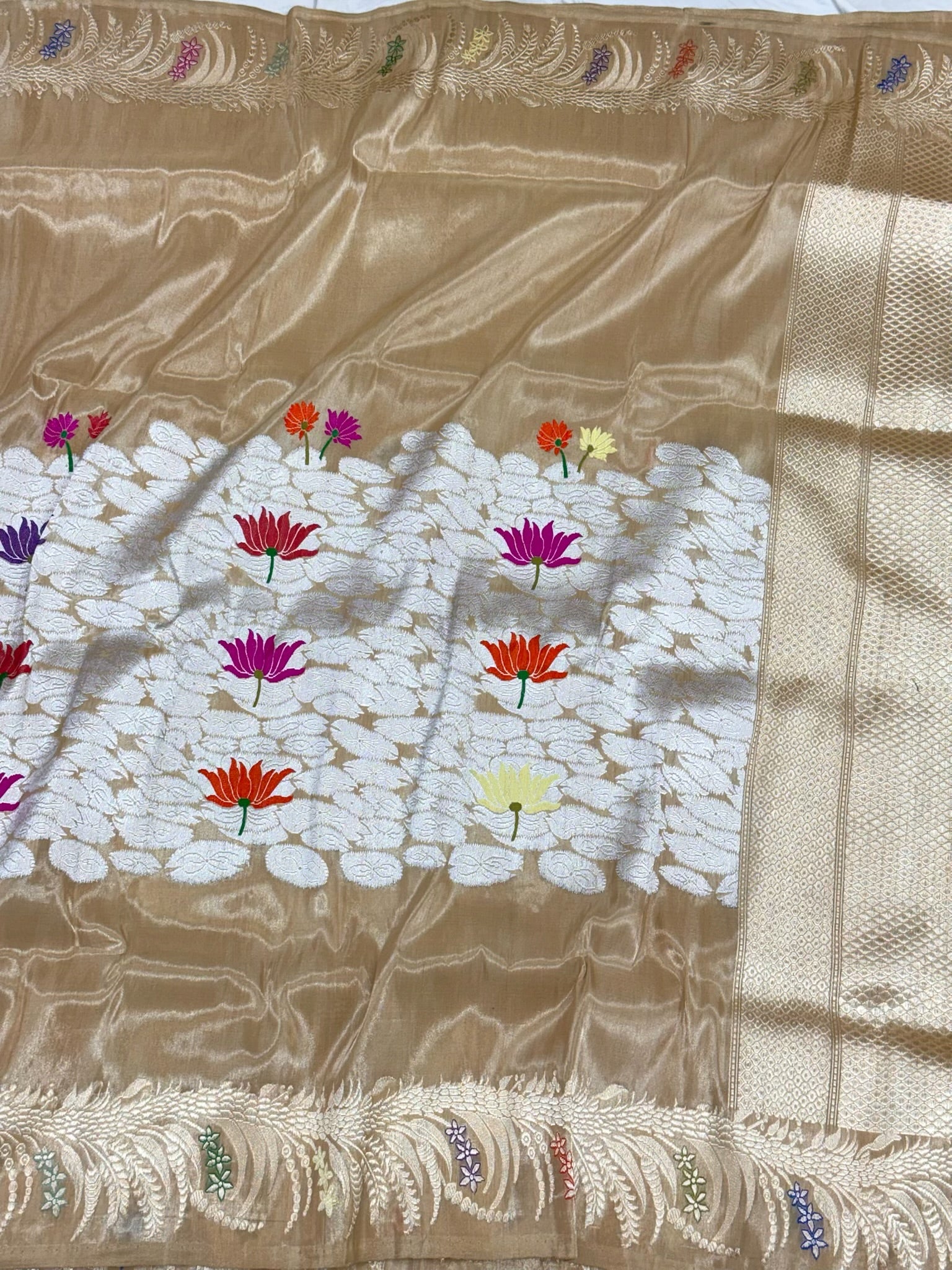 Molten Gold Pure Katan Silk & Pure Tissue Silk Handwoven | Kadhwa Technique | Contemporary Banarasi Modern Saree