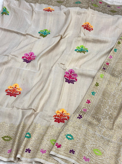Ivory Pure Tussar Georgette Handwoven Banarasi Silk Saree