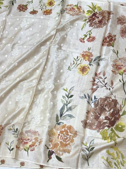 Ivory Pure Tussar Silk Handloom Printed with Embroidery Banarasi Saree - Elegance, Recrafted