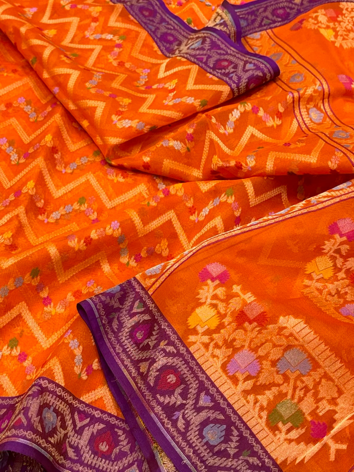 Orange Pure Kora Silk Ektara Weave Lightweight Handloom Banarasi Silk Saree