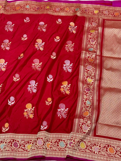 Red Pure Mulberry Katan Silk | Kadhwa Weave | Handwoven Banarasi Saree