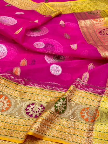 Rani Pink/Gold  Pure Mulberry Silk & Pure Kora Silk Handwoven Banarasi Saree | Kadhwa Weave |