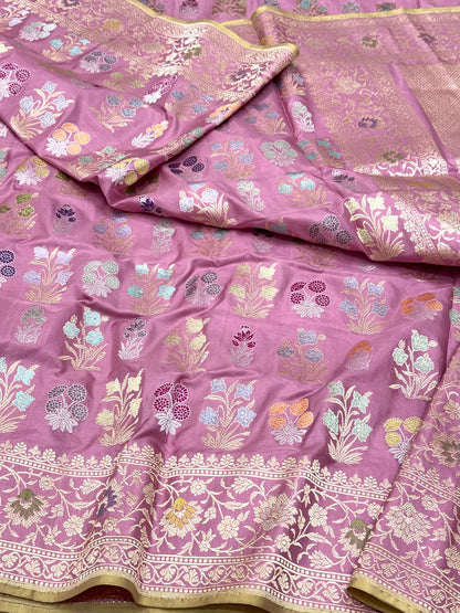 Lilac Pink Pure Banarasi Double Katan Mulberry Silk Handwoven Modern Saree | Kadhwa Technique |