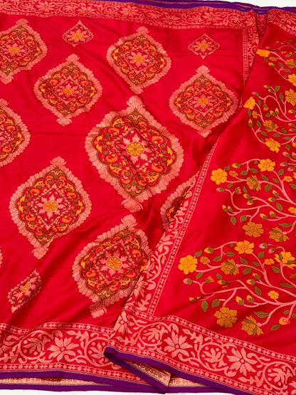 Red Pure Katan Silk Handwoven Banarasi Saree |Ektara Weave|