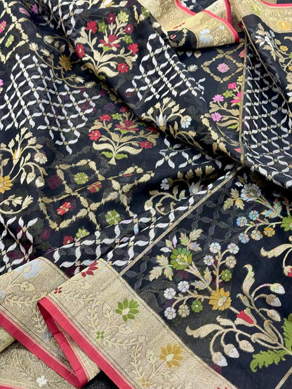 Matte Black Pure Mulberry Kora Organza Silk Jamdani Handwoven Banarasi Saree