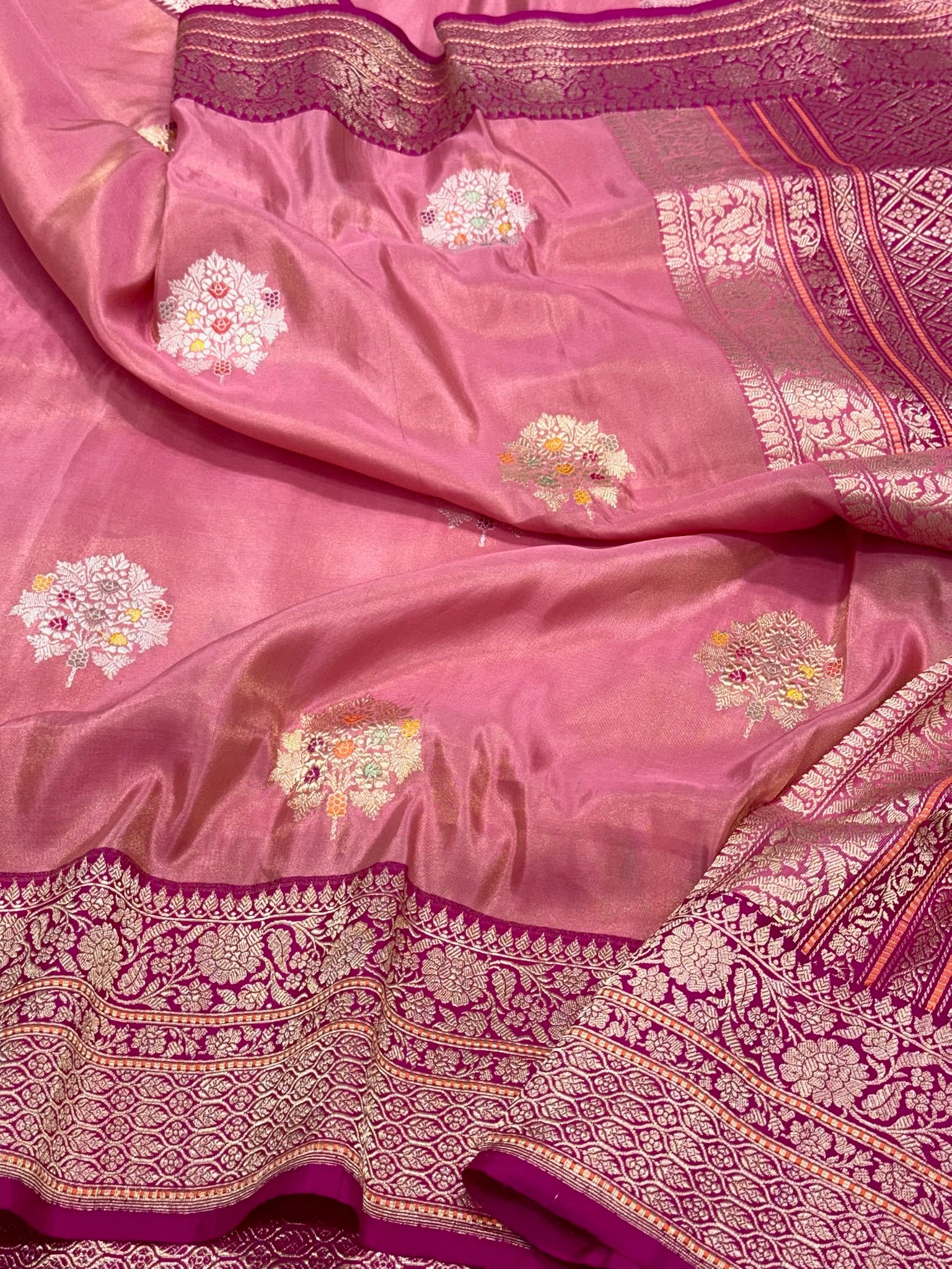 Onion Pink Pure Katan Tissue Silk | Kadhwa + Kadhiyal Technique | Handwoven Banarasi Saree - Drape Yourself In Luxury