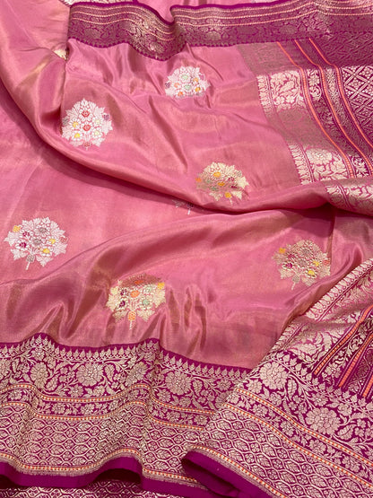 Onion Pink Pure Katan Tissue Silk | Kadhwa + Kadhiyal Technique | Handwoven Banarasi Saree - Drape Yourself In Luxury