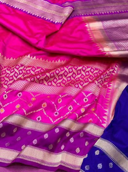 Pink Pure Mulberry Katan Silk | Ektara Kadhwa Technique | Multi Jaal Handwoven Contemporary Authentic Banarasi Saree