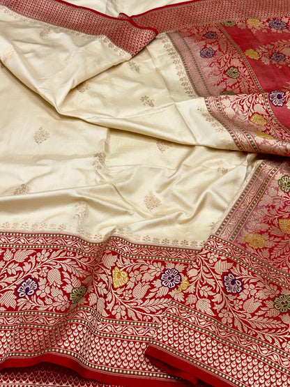 Ivory/Red Handwoven Kadhwa + Kadhiyal Banarasi Saree - Pure Mulberry Katan Silk Premium Banarasi Saree