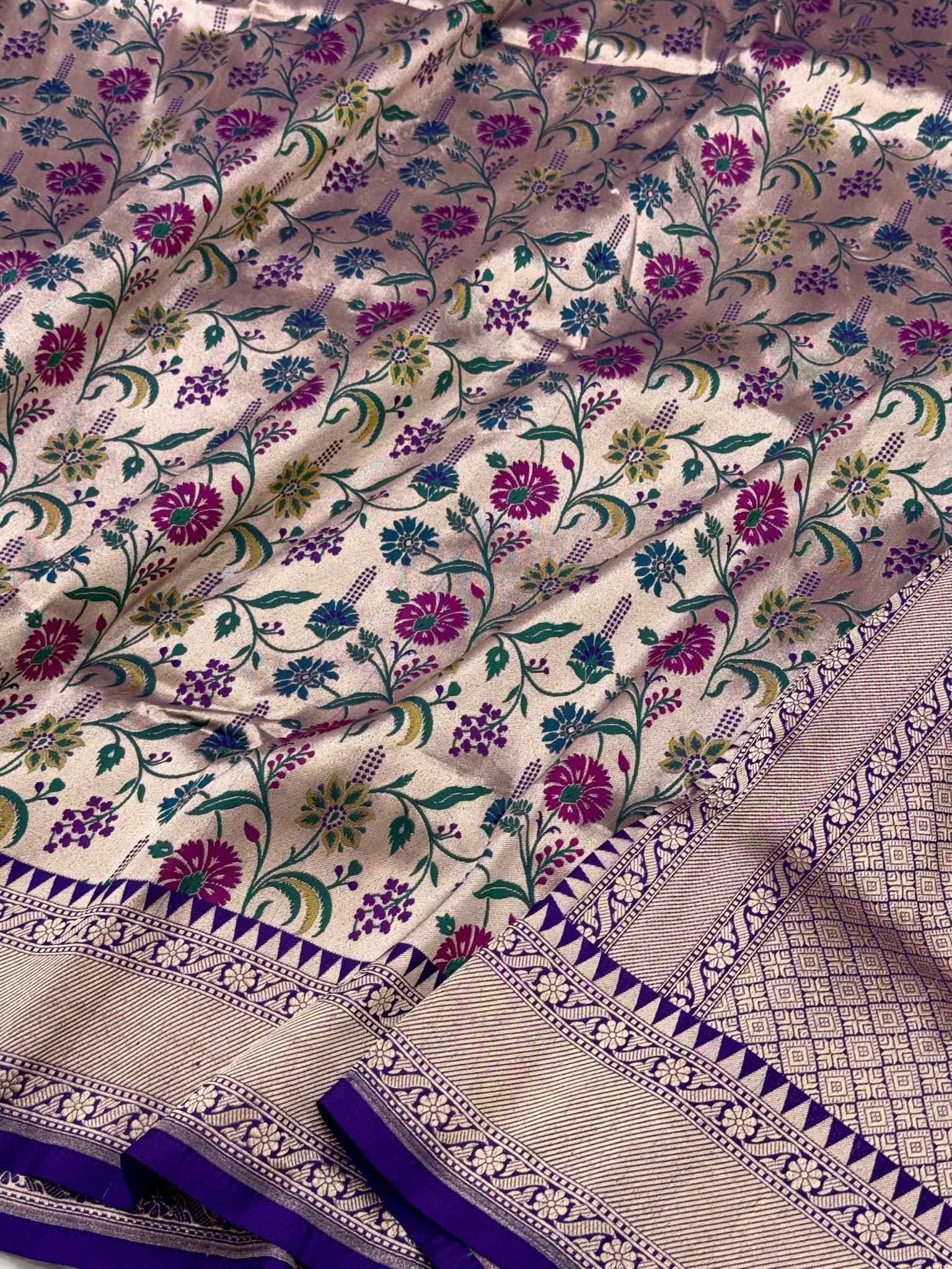 Gold/Purple Pure Mulberry Katan Silk Handwoven | Kadhwa Weave | Banarasi Saree - Paithani Brocade Banarasi Saree