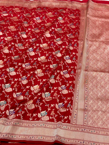 Red Pure Mulberry Katan Silk Handloom Banarasi Saree - Authentic Banarasi Meenakari Saree