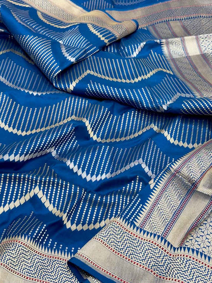 Blue Pure Mulberry Silk | Pure Katan Silk Handwoven Banarasi Silk Kadhwa Contemporary Saree